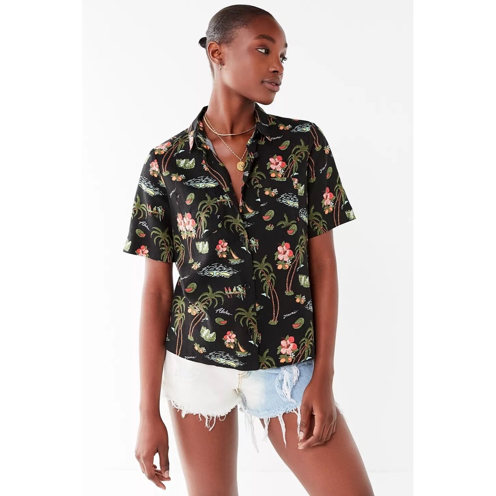 Urban Outfitters Womens Lucky Button-Down Souvenir Shirt Tropical Linen Small